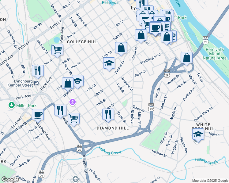 map of restaurants, bars, coffee shops, grocery stores, and more near 1422 Monroe Street in Lynchburg