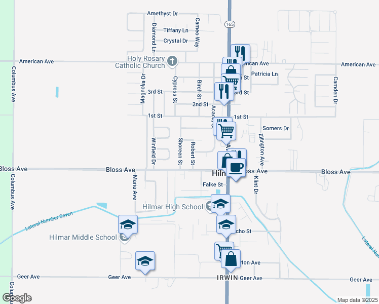 map of restaurants, bars, coffee shops, grocery stores, and more near 8083 Robert Street in Hilmar