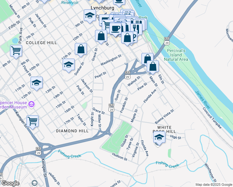 map of restaurants, bars, coffee shops, grocery stores, and more near 613 Gum Street in Lynchburg