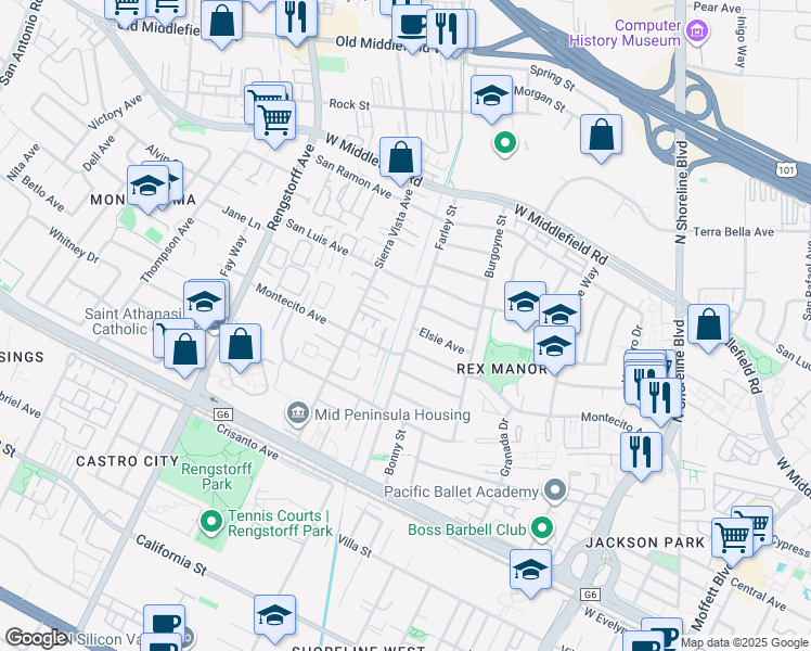 map of restaurants, bars, coffee shops, grocery stores, and more near 700 Farley Street in Mountain View