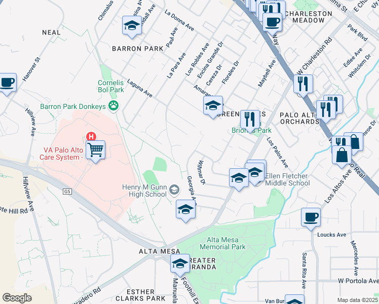 map of restaurants, bars, coffee shops, grocery stores, and more near 644 Georgia Avenue in Palo Alto