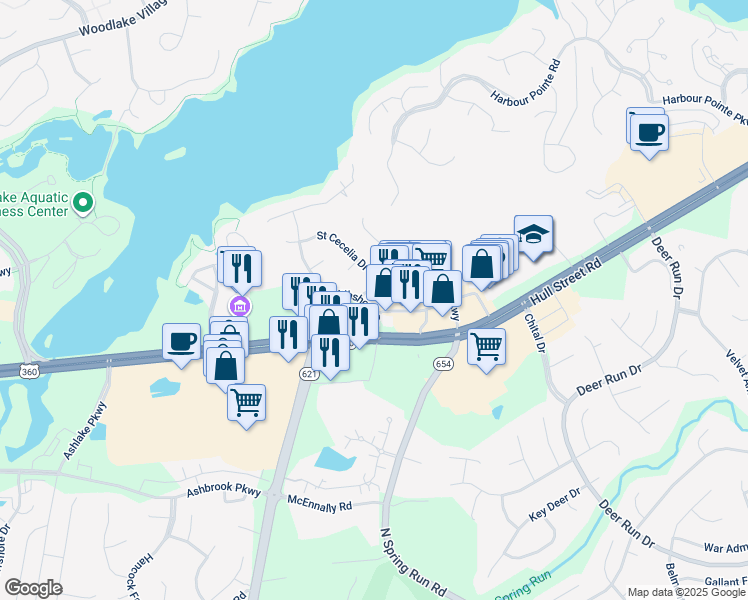 map of restaurants, bars, coffee shops, grocery stores, and more near 6707 Southshore Drive in Midlothian