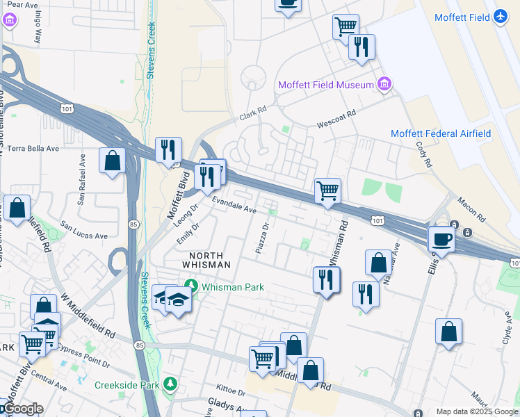 map of restaurants, bars, coffee shops, grocery stores, and more near 106 Evandale Avenue in Mountain View