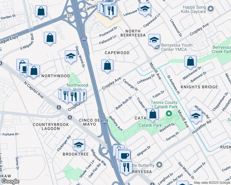 map of restaurants, bars, coffee shops, grocery stores, and more near 1883 Anne Marie Court in San Jose