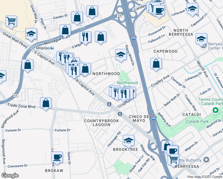 map of restaurants, bars, coffee shops, grocery stores, and more near 2640 Autumnvale Drive in San Jose