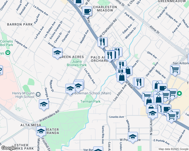 map of restaurants, bars, coffee shops, grocery stores, and more near 4240 Suzanne Drive in Palo Alto
