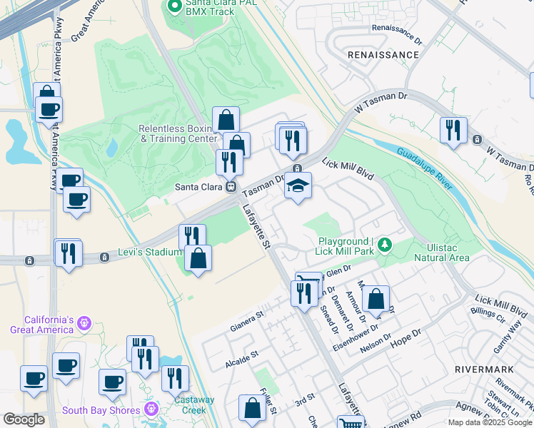 map of restaurants, bars, coffee shops, grocery stores, and more near 2395 Avenida De Guadalupe in Santa Clara