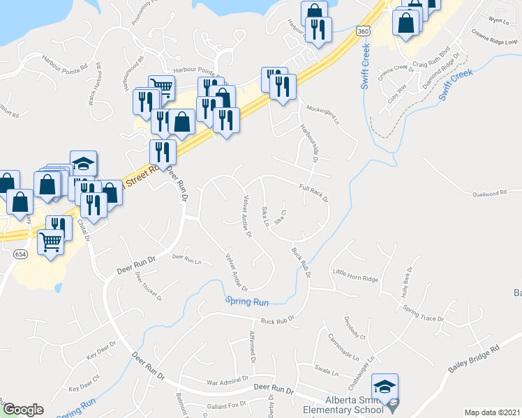 map of restaurants, bars, coffee shops, grocery stores, and more near 6836 Sika Lane in Midlothian
