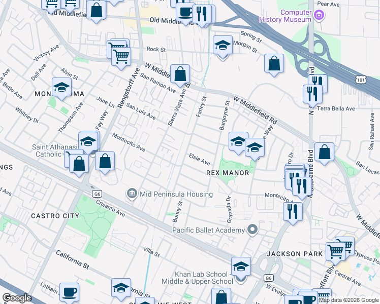 map of restaurants, bars, coffee shops, grocery stores, and more near 711 Farley Street in Mountain View