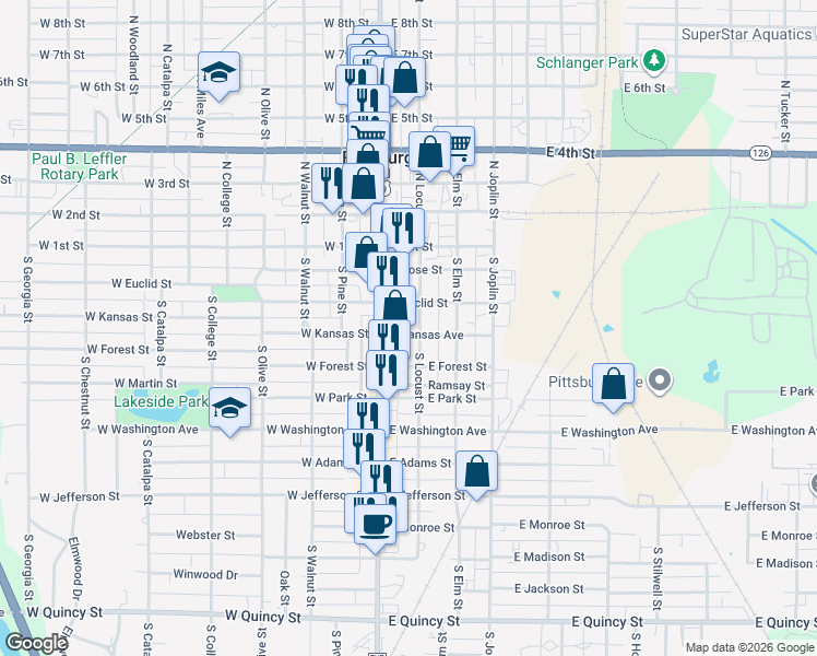 map of restaurants, bars, coffee shops, grocery stores, and more near 107 East Kansas Street in Pittsburg