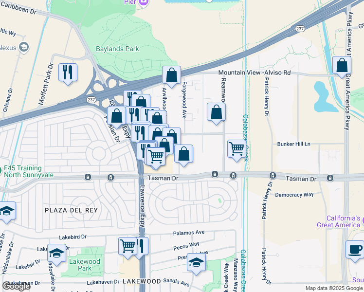 map of restaurants, bars, coffee shops, grocery stores, and more near 1260 Birchwood Dr in Sunnyvale