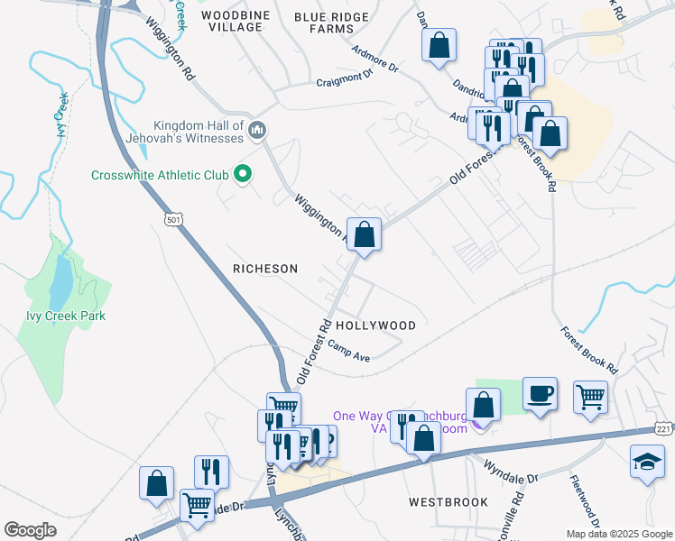map of restaurants, bars, coffee shops, grocery stores, and more near 3708 Old Forest Road in Lynchburg