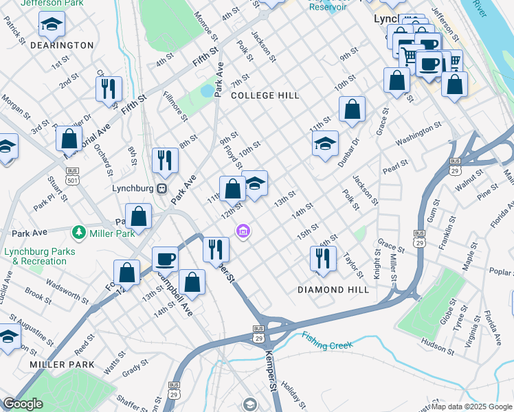 map of restaurants, bars, coffee shops, grocery stores, and more near 1201 Floyd Street in Lynchburg
