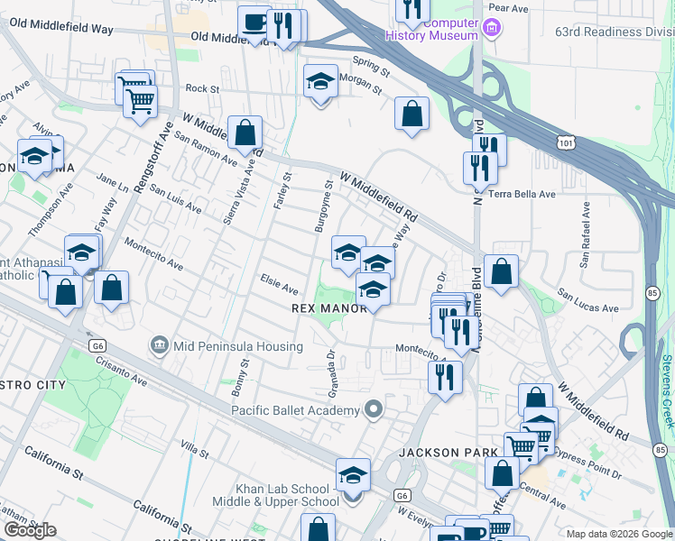 map of restaurants, bars, coffee shops, grocery stores, and more near 1625 San Luis Avenue in Mountain View
