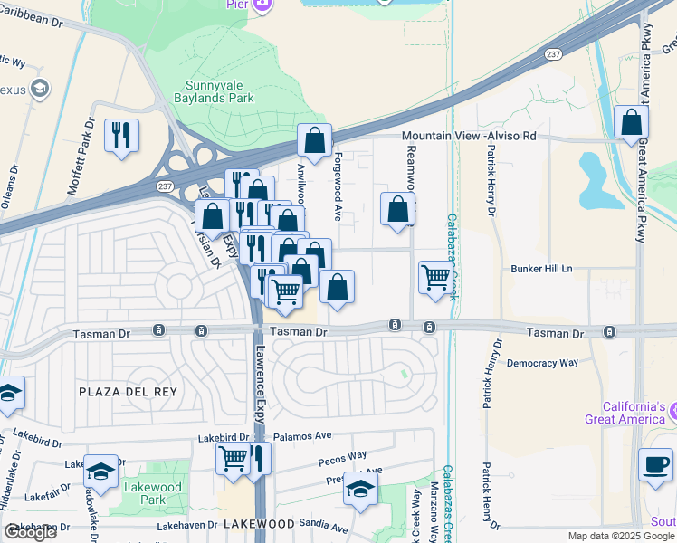 map of restaurants, bars, coffee shops, grocery stores, and more near 1260 Birchwood Dr in Sunnyvale