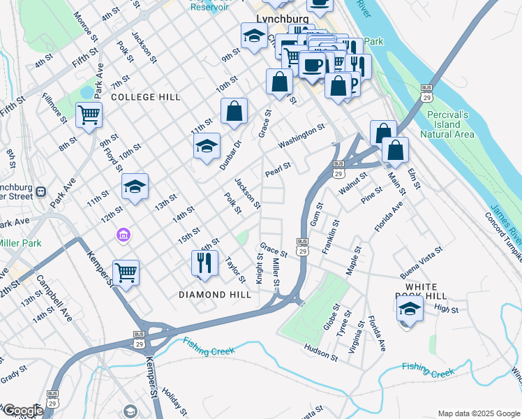 map of restaurants, bars, coffee shops, grocery stores, and more near 1599 Grace Street in Lynchburg