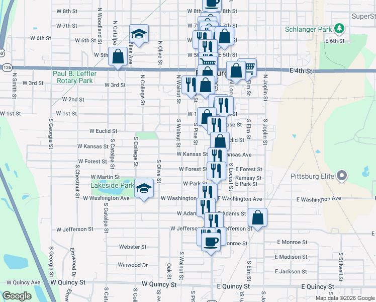 map of restaurants, bars, coffee shops, grocery stores, and more near 206 West Kansas Street in Pittsburg