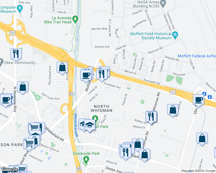 map of restaurants, bars, coffee shops, grocery stores, and more near 55 Evandale Avenue in Mountain View