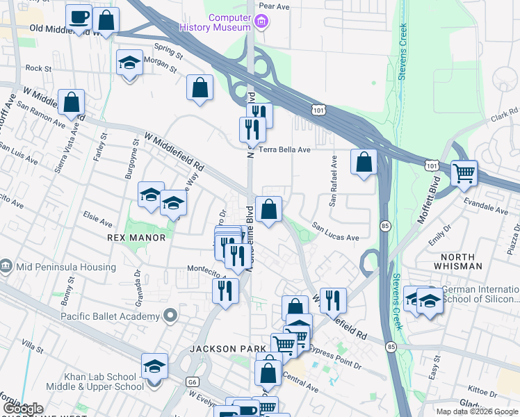 map of restaurants, bars, coffee shops, grocery stores, and more near in Santa Clara County
