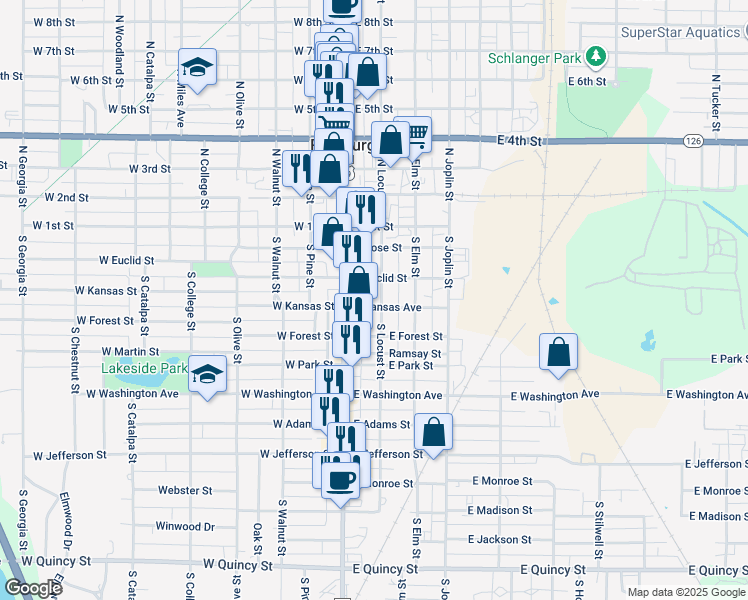 map of restaurants, bars, coffee shops, grocery stores, and more near 107 East Kansas Street in Pittsburg