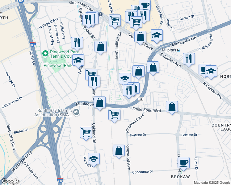 map of restaurants, bars, coffee shops, grocery stores, and more near 1945 Lee Way in Milpitas