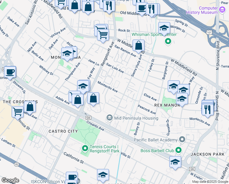 map of restaurants, bars, coffee shops, grocery stores, and more near 1945 Montecito Avenue in Mountain View