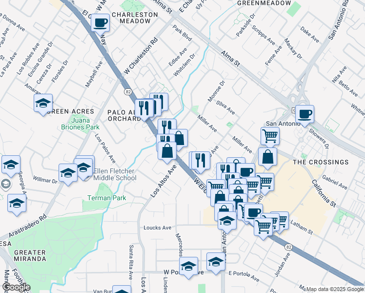map of restaurants, bars, coffee shops, grocery stores, and more near 421 Gene Court in Palo Alto