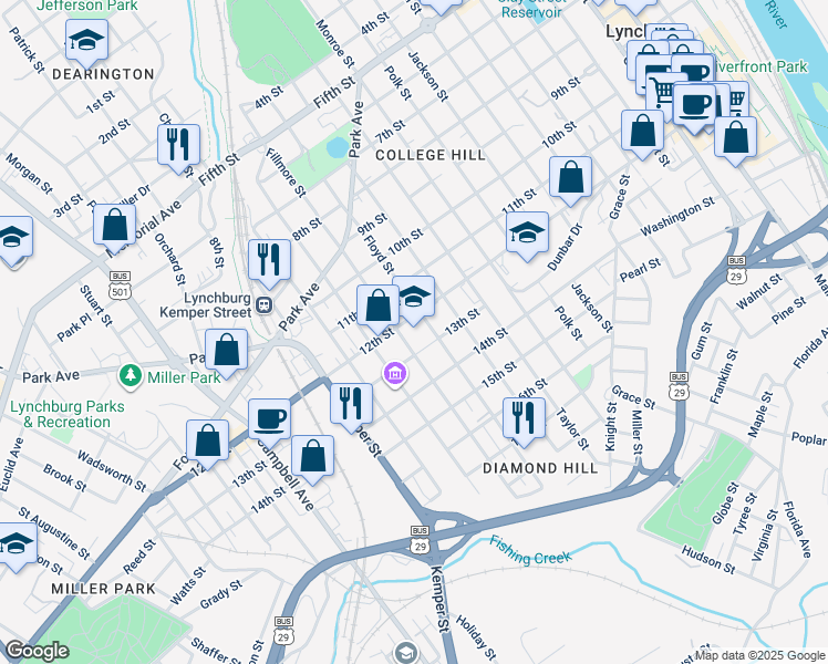 map of restaurants, bars, coffee shops, grocery stores, and more near 1201 Floyd Street in Lynchburg