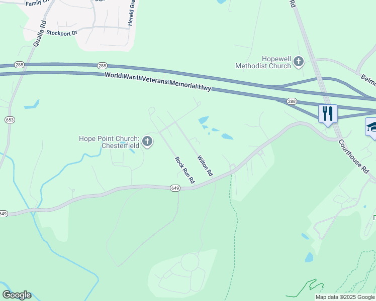 map of restaurants, bars, coffee shops, grocery stores, and more near 6600 Wilton Road in Chesterfield