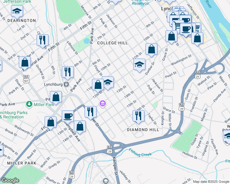 map of restaurants, bars, coffee shops, grocery stores, and more near 1222 Floyd Street in Lynchburg