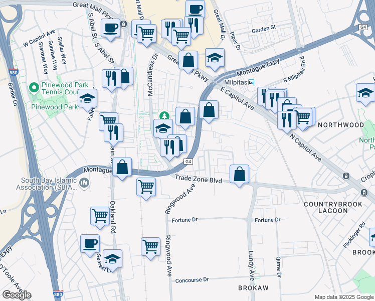 map of restaurants, bars, coffee shops, grocery stores, and more near 1820 Houret Court in Milpitas
