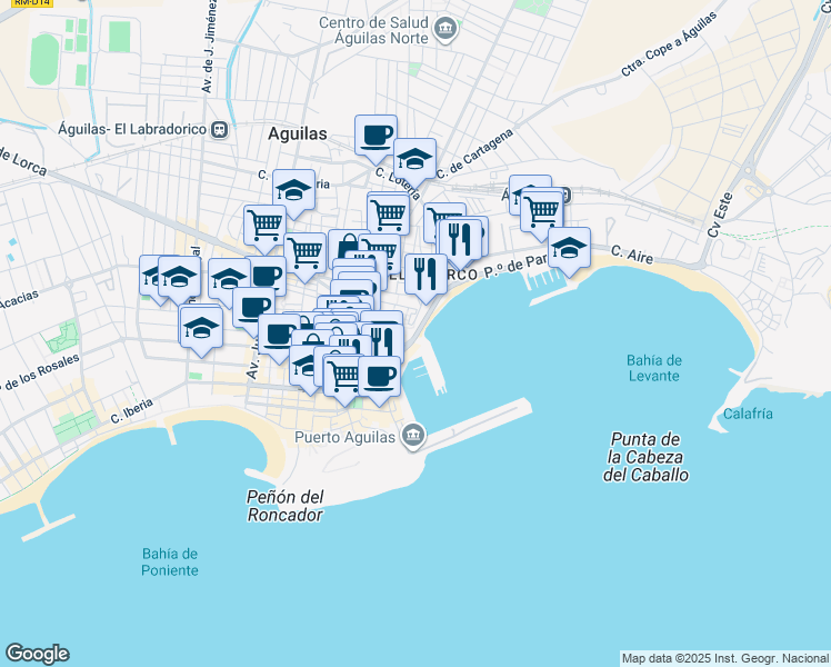 map of restaurants, bars, coffee shops, grocery stores, and more near N2 Paseo de Parra in Águilas
