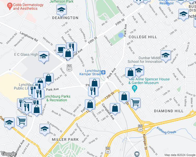 map of restaurants, bars, coffee shops, grocery stores, and more near 900 Craddock Street in Lynchburg