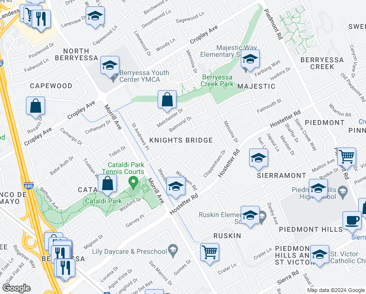 map of restaurants, bars, coffee shops, grocery stores, and more near 1763 Queenstown Drive in San Jose