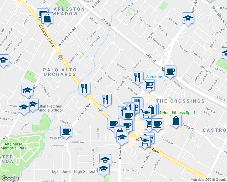 map of restaurants, bars, coffee shops, grocery stores, and more near 450 Del Medio Avenue in Mountain View