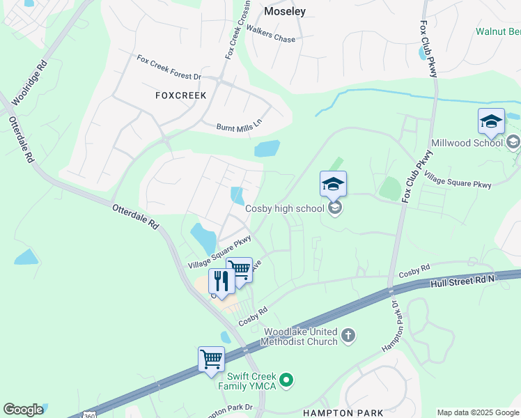 map of restaurants, bars, coffee shops, grocery stores, and more near 15738 Cosby Road in Chesterfield