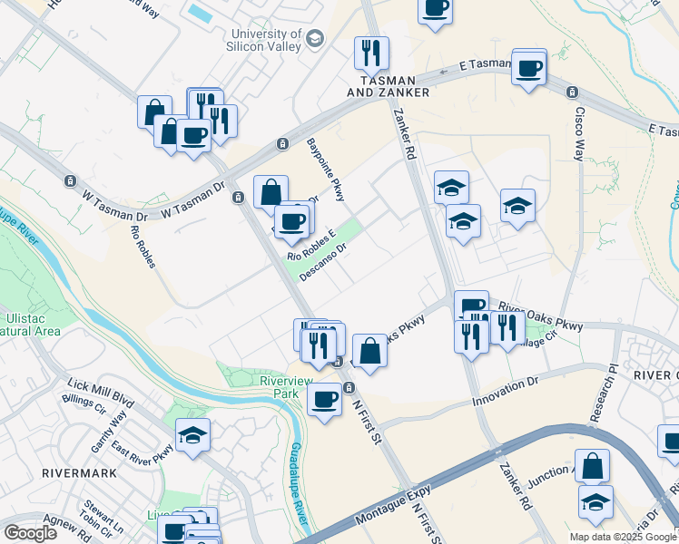 map of restaurants, bars, coffee shops, grocery stores, and more near 1 Miranda Drive in San Jose