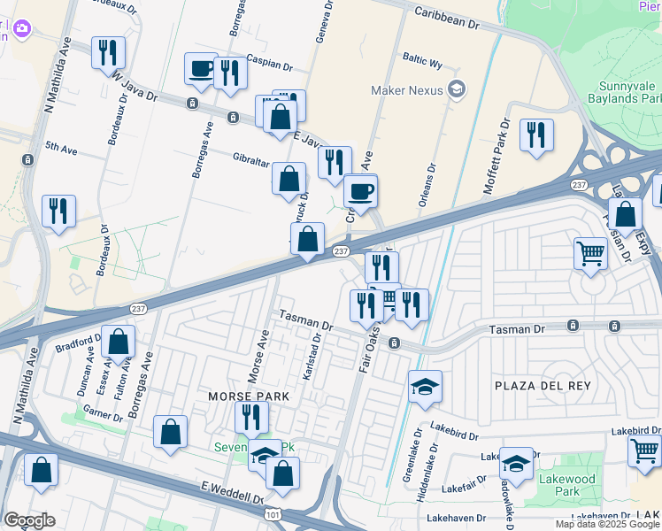 map of restaurants, bars, coffee shops, grocery stores, and more near 460 Persian Drive in Sunnyvale
