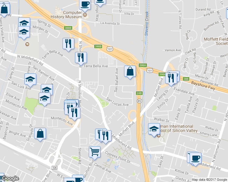 map of restaurants, bars, coffee shops, grocery stores, and more near 877 San Rafael Avenue in Mountain View