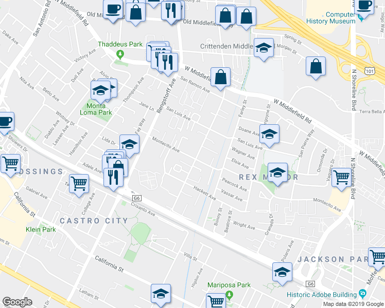 map of restaurants, bars, coffee shops, grocery stores, and more near 1926 Montecito Avenue in Mountain View
