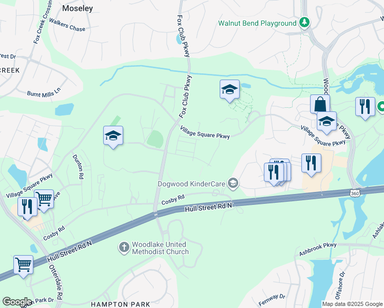 map of restaurants, bars, coffee shops, grocery stores, and more near 15300 Cosby Road in Chesterfield