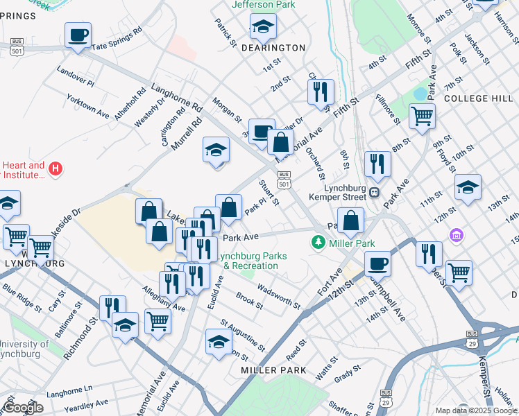 map of restaurants, bars, coffee shops, grocery stores, and more near 2210 Park Place in Lynchburg
