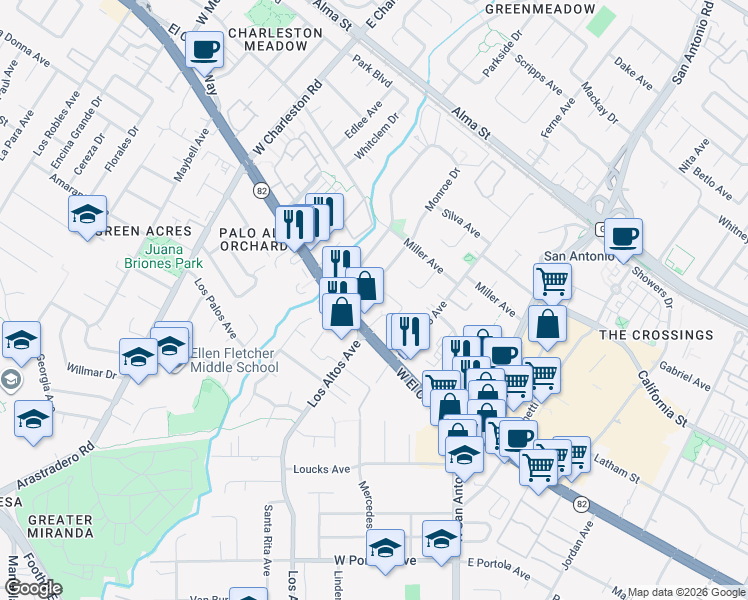 map of restaurants, bars, coffee shops, grocery stores, and more near 417 Gene Court in Palo Alto