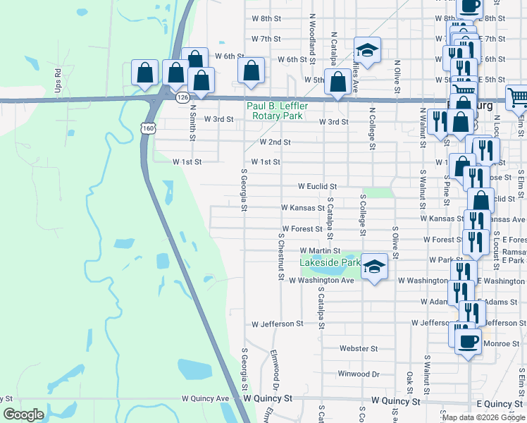 map of restaurants, bars, coffee shops, grocery stores, and more near 711 West Kansas Street in Pittsburg