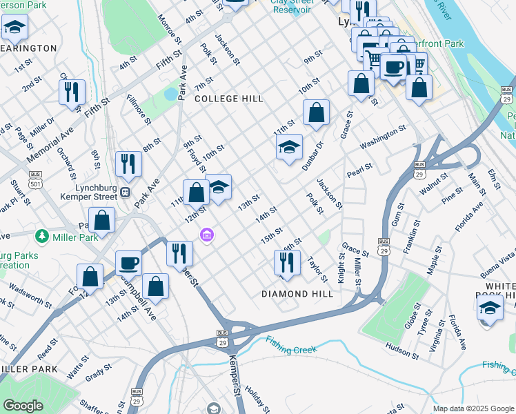 map of restaurants, bars, coffee shops, grocery stores, and more near 1310 Wise Street in Lynchburg