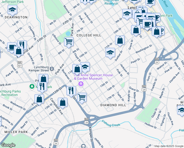 map of restaurants, bars, coffee shops, grocery stores, and more near 1311 13th Street in Lynchburg