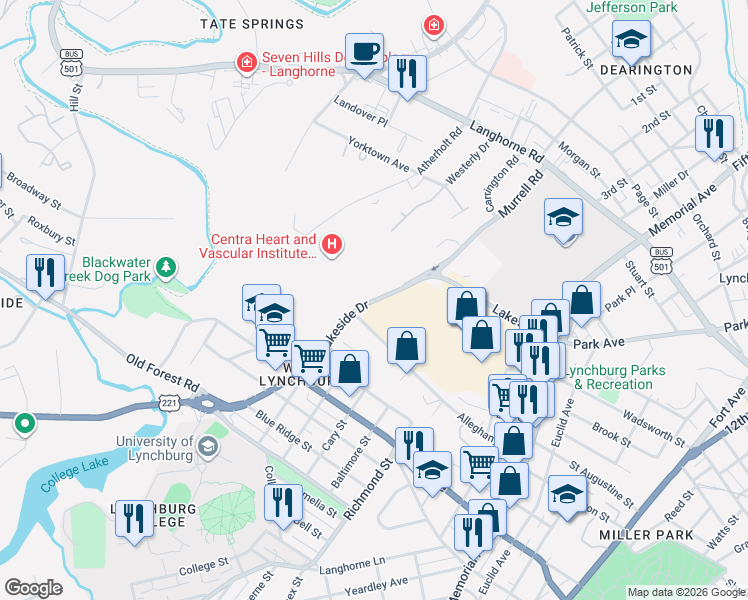 map of restaurants, bars, coffee shops, grocery stores, and more near 1136 Lakeside Drive in Lynchburg