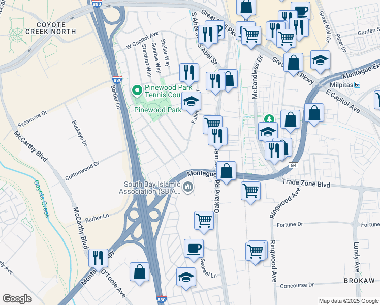 map of restaurants, bars, coffee shops, grocery stores, and more near 1740 Pinewood Court in Milpitas