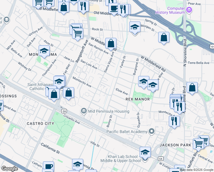 map of restaurants, bars, coffee shops, grocery stores, and more near 19 Forest Glen Street in Mountain View