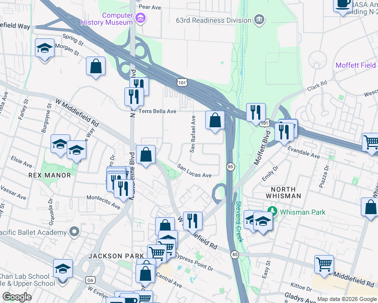 map of restaurants, bars, coffee shops, grocery stores, and more near 877 San Rafael Avenue in Mountain View